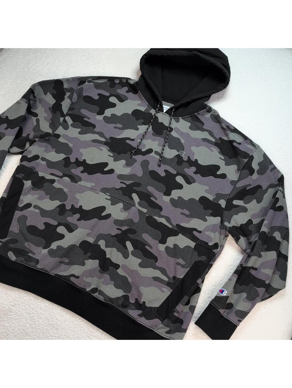 Champion Hoodie Mens 2XL Camo Pullover Fleece Logo Gray Black